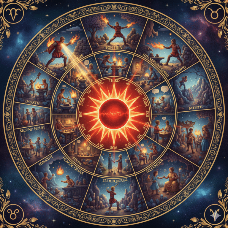 Mars transits in houses; each house is affected differently.