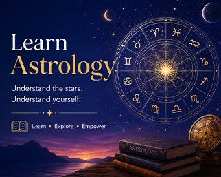 Learn Astrology course banner with zodiac wheel, celestial symbols, and practical Vedic astrology training.