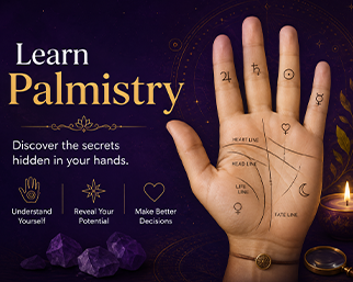 Learn Palmistry course banner showing a hand with palm lines and symbols for hand reading and fortune analysis.